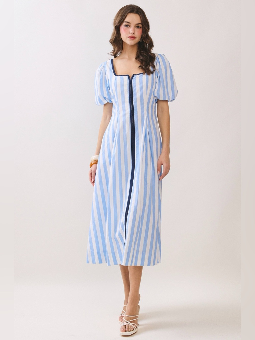 Striped Blue & White Contrast Midi Dress